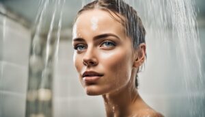 Frau duscht in Sanitärmodul auf dem Campingplatz